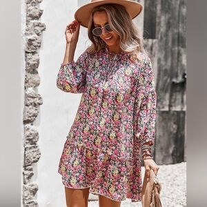 Kirundo Floral Print Babydoll Tent Tiered Mini Dress Pinm White Green Large